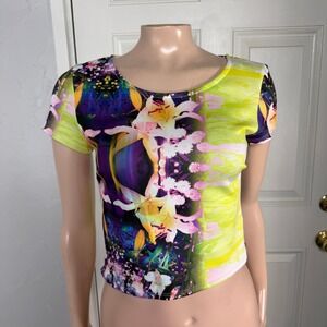 Y2K Shirt Bebe USA Made Crop Top Floral Baby Tee Polyester Short Sleeve Z4-30